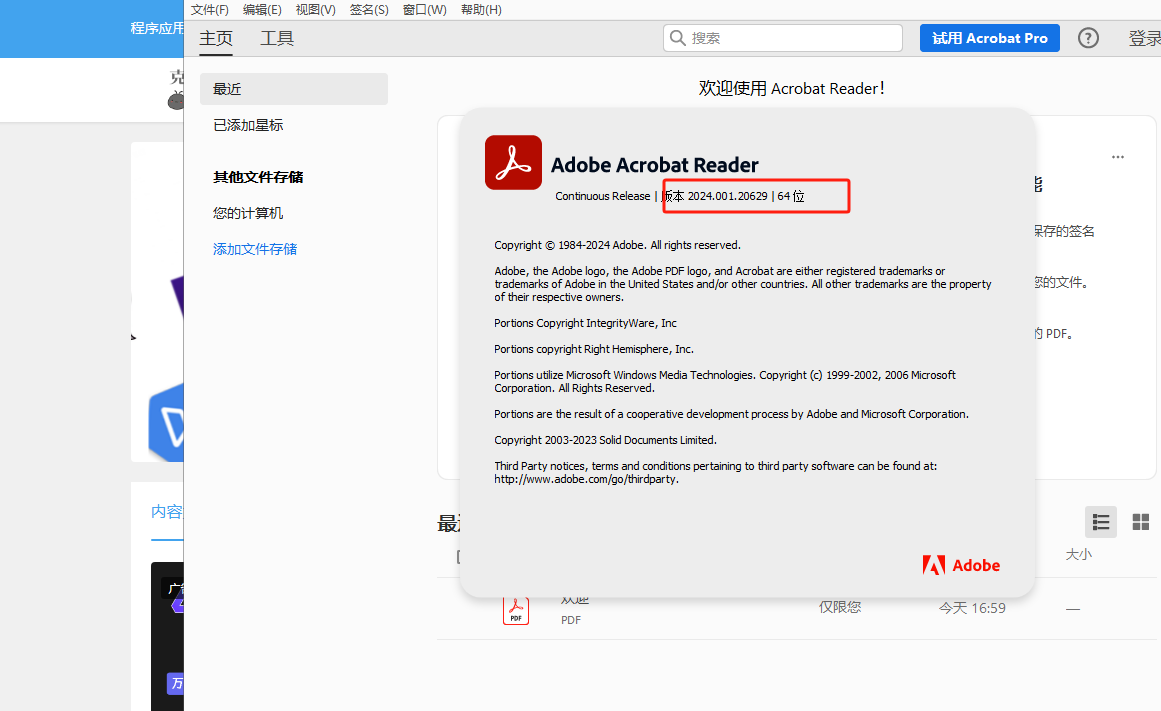 Adobe Acrobat Reader DC v24.001.20629 官方版 (PDF阅读器)
